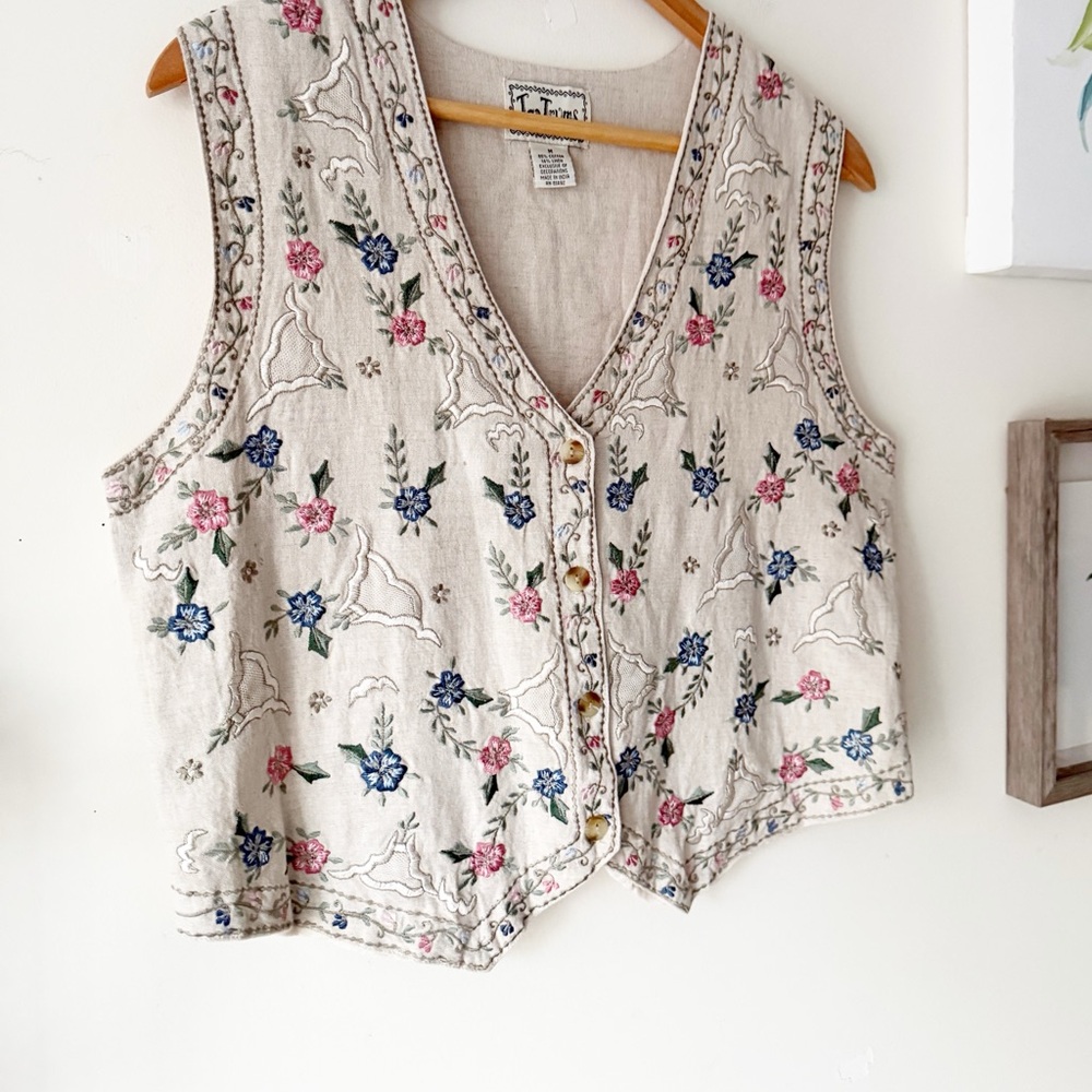 Vintage Cottagecore Floral Embroidered Cotton Linen Folk Vest Boho 90s Revival M - Picture 4 of 13